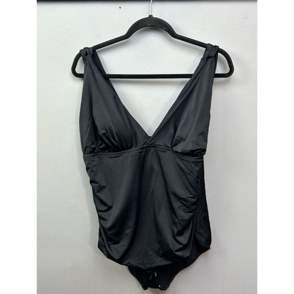 Terra & Sky Womens Plus 2X Black Slimming 1 Piece Swimsuit Ruched V-Neck 20W-22W